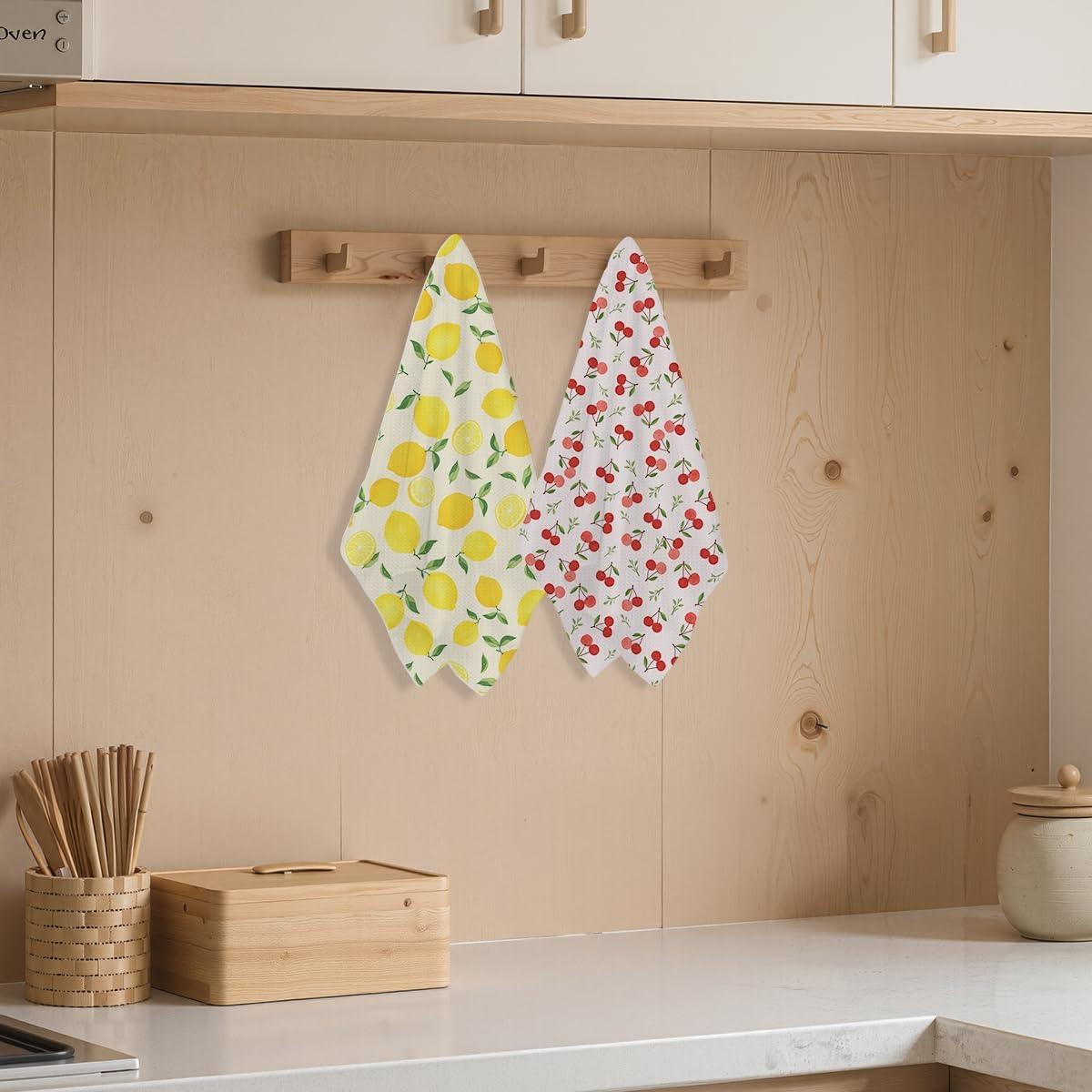 2 Pcs Cherry Lemon Decor Kitchen Towels, Absorbent Soft Microfiber Towel for Bathroom, Dish Towels for Kitchen Drying, Tea Towel Dish Cloths, Farmhouse Lemon Gifts for Women Friend