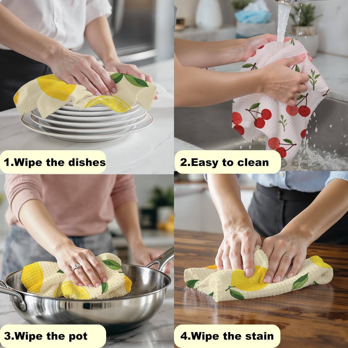2 Pcs Cherry Lemon Decor Kitchen Towels, Absorbent Soft Microfiber Towel for Bathroom, Dish Towels for Kitchen Drying, Tea Towel Dish Cloths, Farmhouse Lemon Gifts for Women Friend