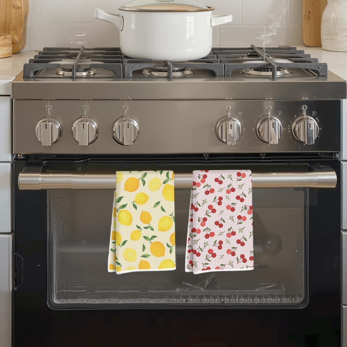 2 Pcs Cherry Lemon Decor Kitchen Towels, Absorbent Soft Microfiber Towel for Bathroom, Dish Towels for Kitchen Drying, Tea Towel Dish Cloths, Farmhouse Lemon Gifts for Women Friend