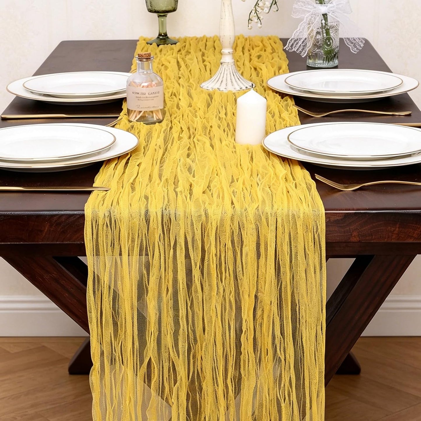 Yellow Gauze Table Runner 10ft Rustic Cheese Cloth Table Runner Boho Style Decoration for Romantic Date Wedding Party Baby Shower Photography Decoration
