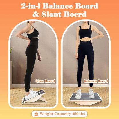 Professional 2-in-1 Wooden Balance Board & Slant Board, 3 Angle | Adjustable Incline Board and Calf Stretcher, Stretch Board for Knees Ankle Heel Feet Leg, Anti-Slip, 450 lbs Capacity