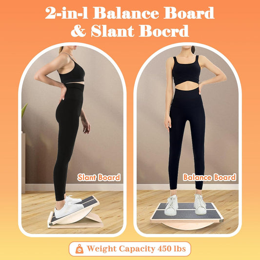 Professional 2-in-1 Wooden Balance Board & Slant Board, 3 Angle | Adjustable Incline Board and Calf Stretcher, Stretch Board for Knees Ankle Heel Feet Leg, Anti-Slip, 450 lbs Capacity