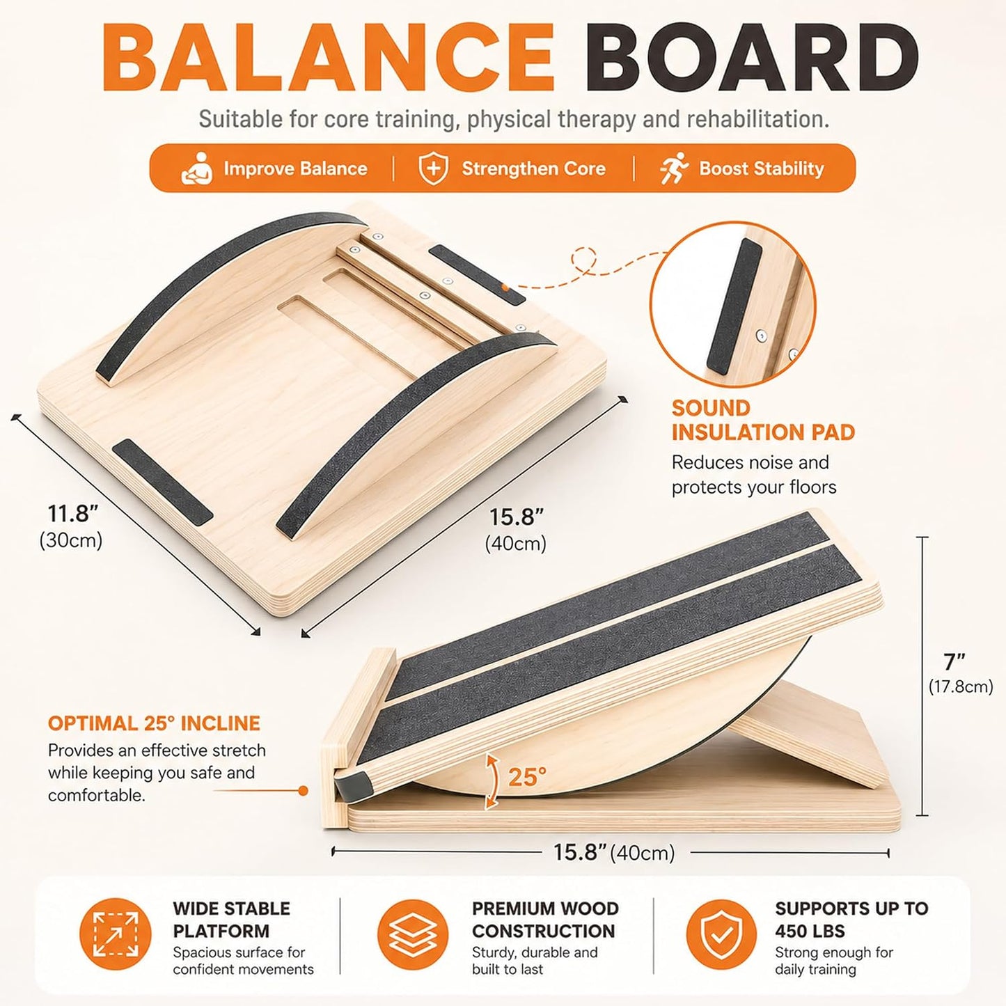 Professional 2-in-1 Wooden Balance Board & Slant Board, 3 Angle | Adjustable Incline Board and Calf Stretcher, Stretch Board for Knees Ankle Heel Feet Leg, Anti-Slip, 450 lbs Capacity