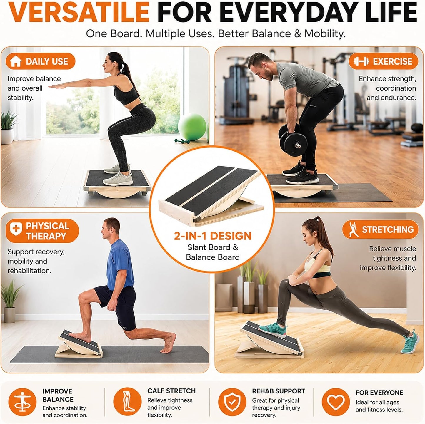 Professional 2-in-1 Wooden Balance Board & Slant Board, 3 Angle | Adjustable Incline Board and Calf Stretcher, Stretch Board for Knees Ankle Heel Feet Leg, Anti-Slip, 450 lbs Capacity