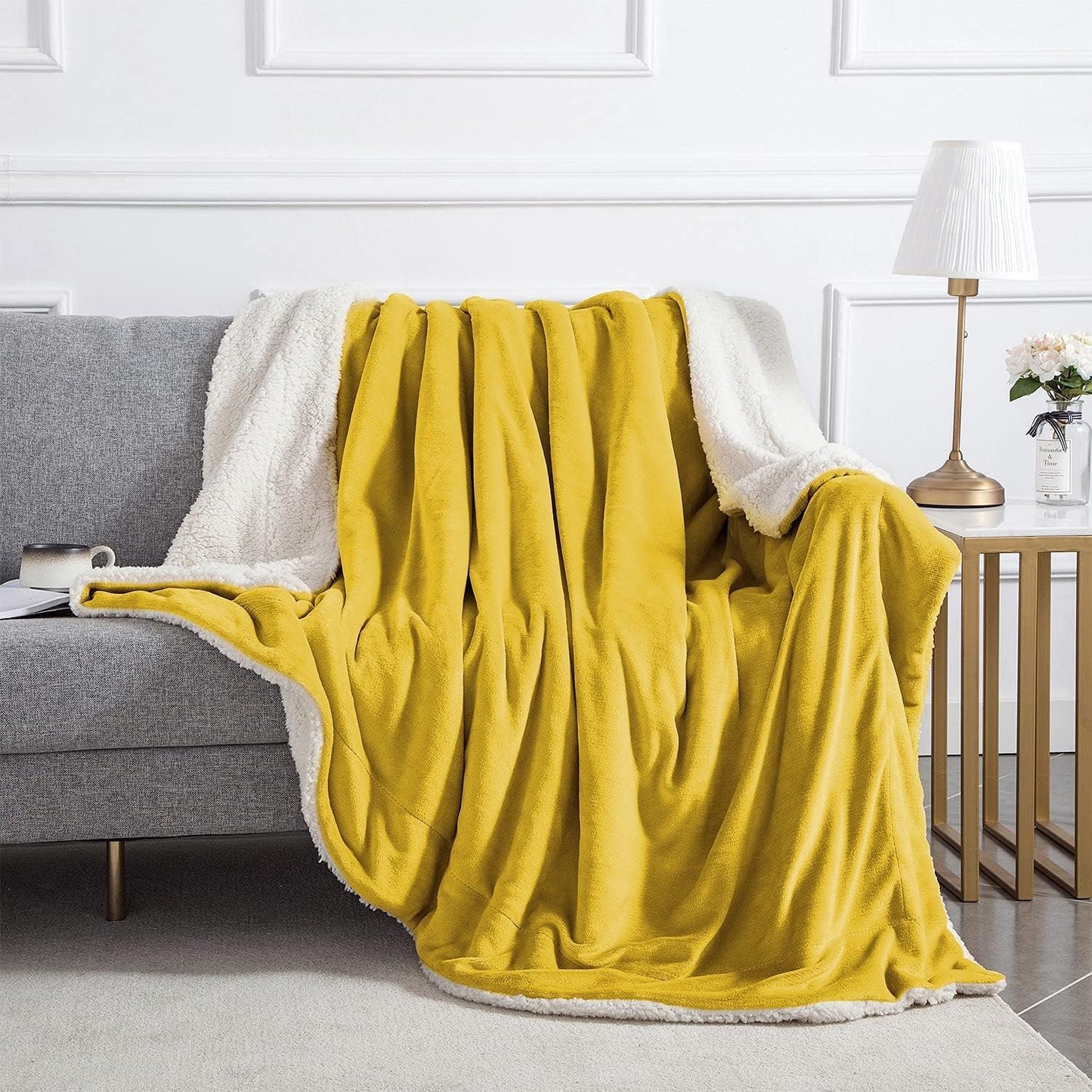 IR Imperial Rooms Gold Sherpa Fleece Throw Blanket for Couch - Soft and Fuzzy Blanket for Winter - Reversible Thick and Warm Fluffy Throw Blankets for Bed, Sofa & Travel, Yellow, 50x60 Inches