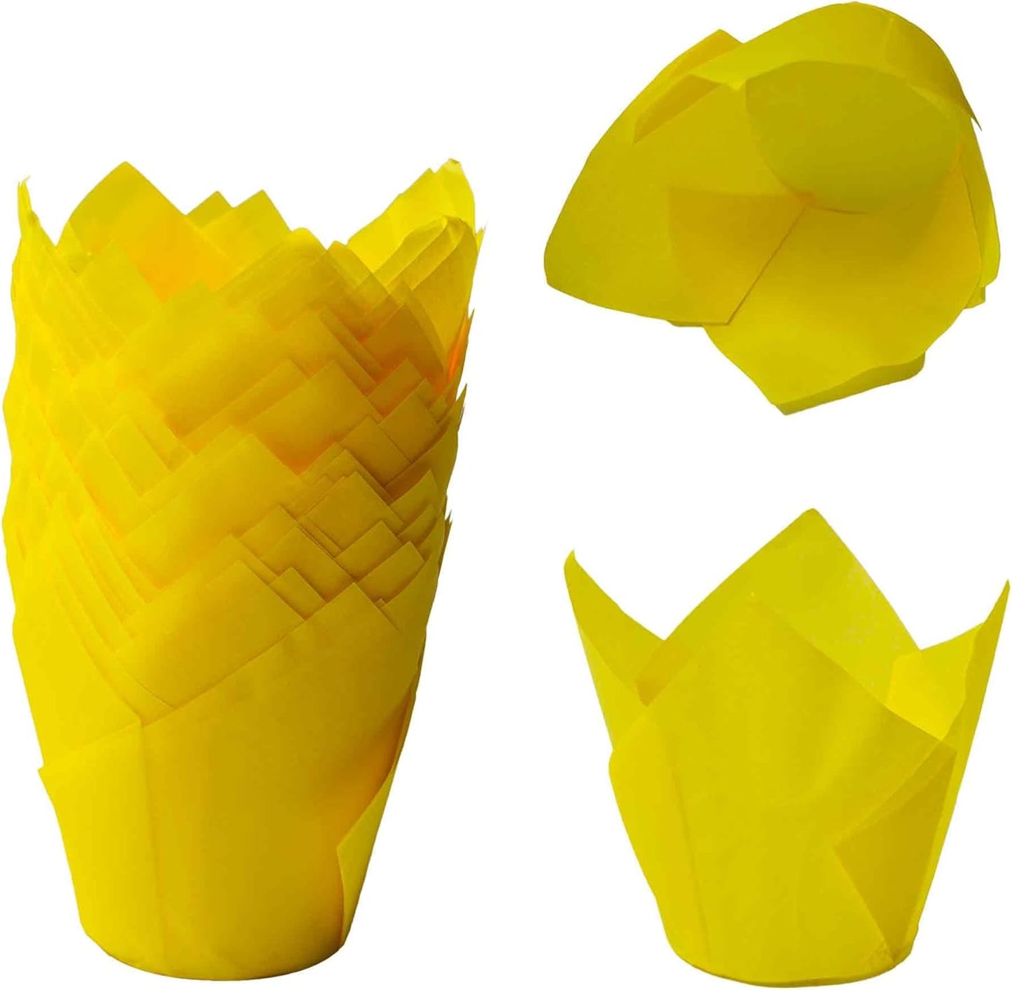 50Pcs Tulip Cupcake Liners, Greaseproof Paper Baking Cups with Elegant Petal Design for Weddings, Birthdays, Parties, Catering(Yellow)