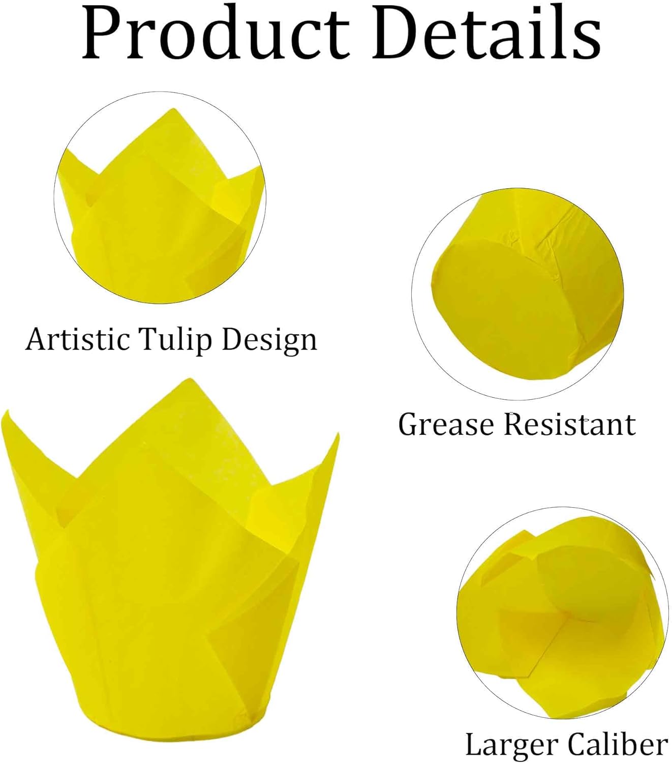 50Pcs Tulip Cupcake Liners, Greaseproof Paper Baking Cups with Elegant Petal Design for Weddings, Birthdays, Parties, Catering(Yellow)
