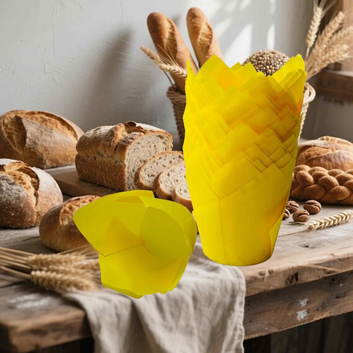 50Pcs Tulip Cupcake Liners, Greaseproof Paper Baking Cups with Elegant Petal Design for Weddings, Birthdays, Parties, Catering(Yellow)