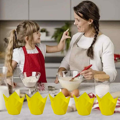50Pcs Tulip Cupcake Liners, Greaseproof Paper Baking Cups with Elegant Petal Design for Weddings, Birthdays, Parties, Catering(Yellow)