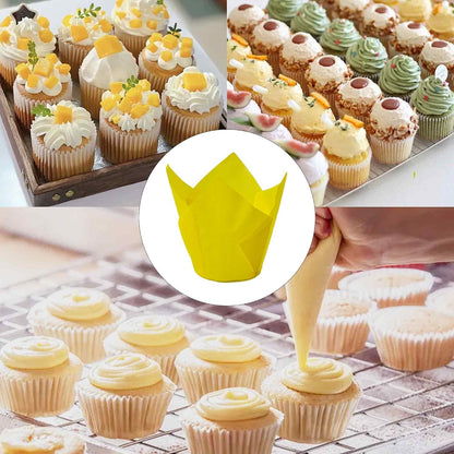 50Pcs Tulip Cupcake Liners, Greaseproof Paper Baking Cups with Elegant Petal Design for Weddings, Birthdays, Parties, Catering(Yellow)