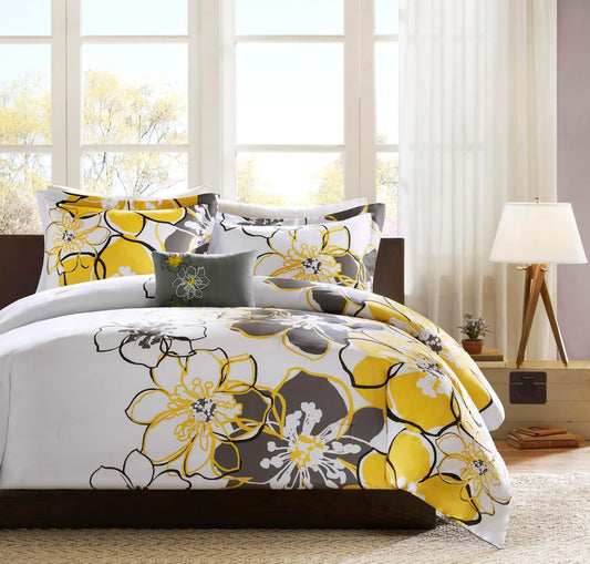 Intelligent Design Allison Comforter Set Fun Bedroom Décor - Modern All Season Floral Vibrant Color Cozy Bedding Layer, Matching Sham, Decorative Pillow, King/Cal King, Yellow/Grey 3 Piece