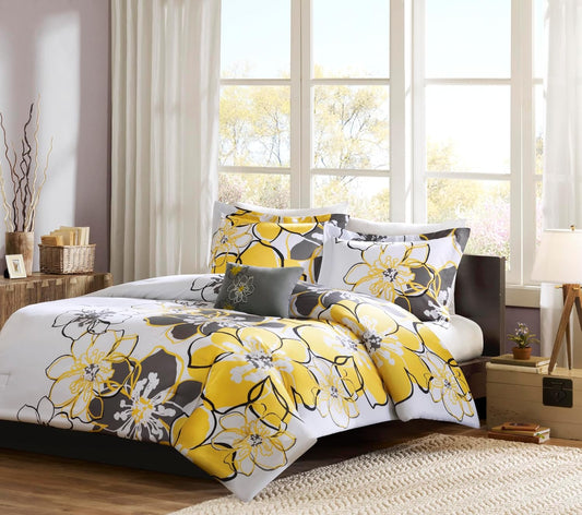 Intelligent Design Allison Comforter Set Fun Bedroom Décor - Modern All Season Floral Vibrant Color Cozy Bedding Layer, Matching Sham, Decorative Pillow, King/Cal King, Yellow/Grey 3 Piece