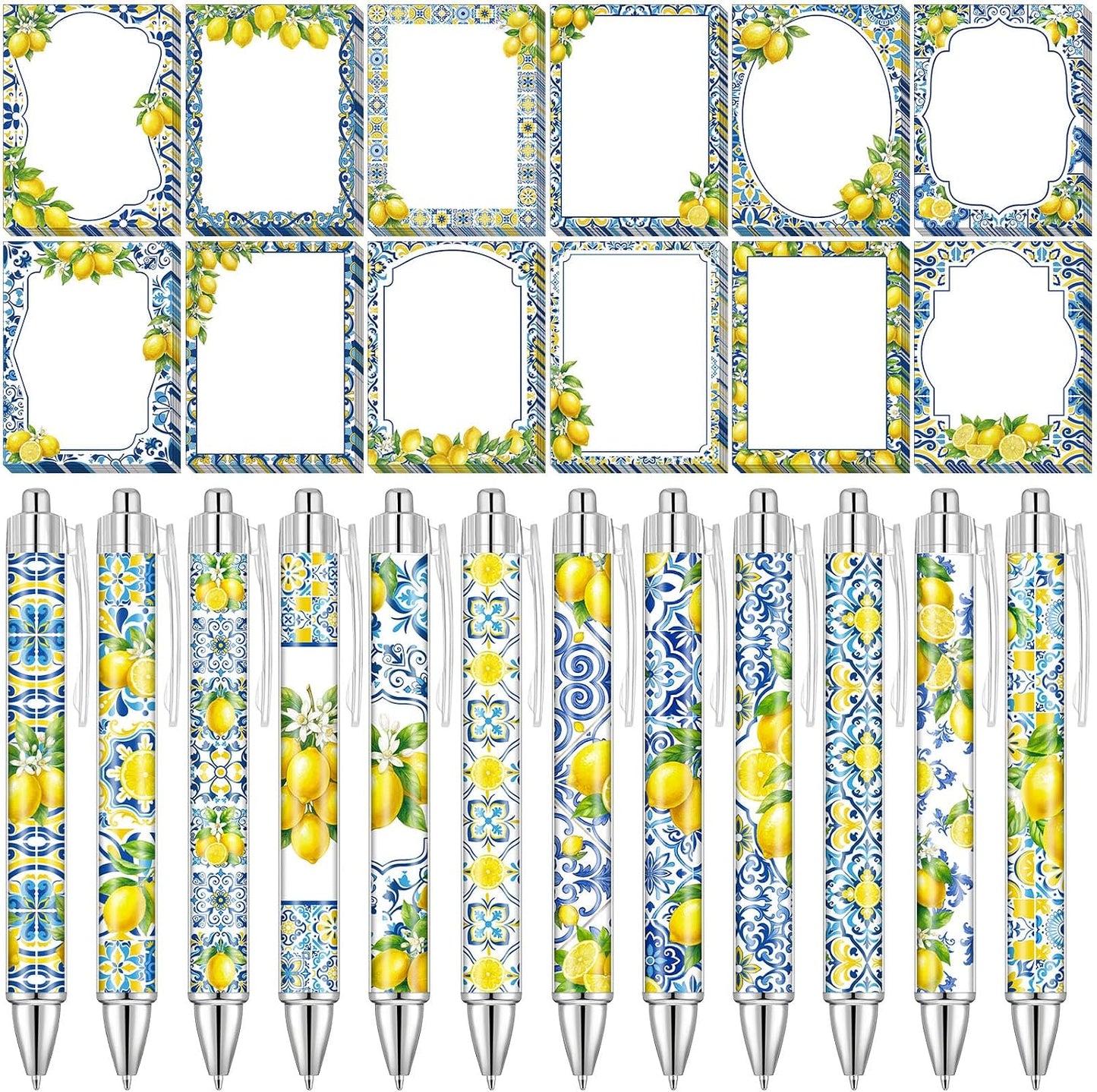 24 Pcs Capri Lemon Sticky Notes with Pens Amalfi Coast Party Gifts for Women Mediterranean Lemon Self Adhesive Notepads Black Ink Ballpoint Pen for Summer Bridal Shower Wedding Party Favors