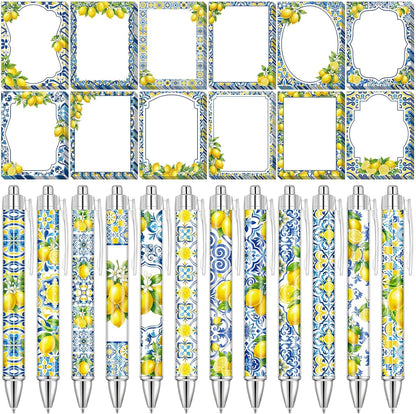24 Pcs Capri Lemon Sticky Notes with Pens Amalfi Coast Party Gifts for Women Mediterranean Lemon Self Adhesive Notepads Black Ink Ballpoint Pen for Summer Bridal Shower Wedding Party Favors
