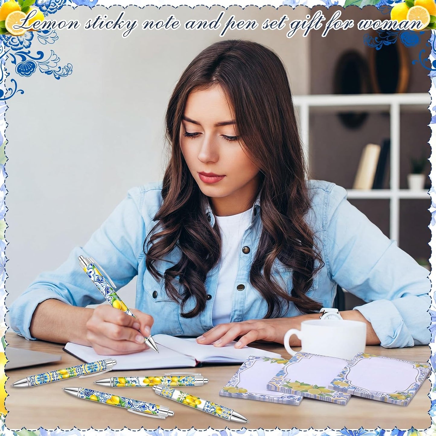 24 Pcs Capri Lemon Sticky Notes with Pens Amalfi Coast Party Gifts for Women Mediterranean Lemon Self Adhesive Notepads Black Ink Ballpoint Pen for Summer Bridal Shower Wedding Party Favors