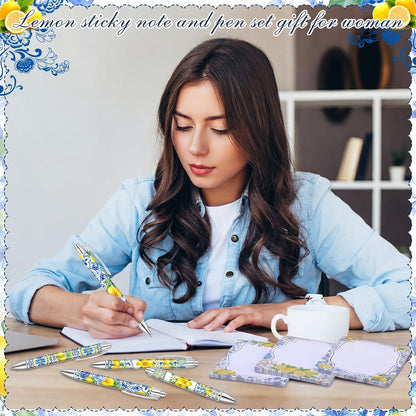 24 Pcs Capri Lemon Sticky Notes with Pens Amalfi Coast Party Gifts for Women Mediterranean Lemon Self Adhesive Notepads Black Ink Ballpoint Pen for Summer Bridal Shower Wedding Party Favors