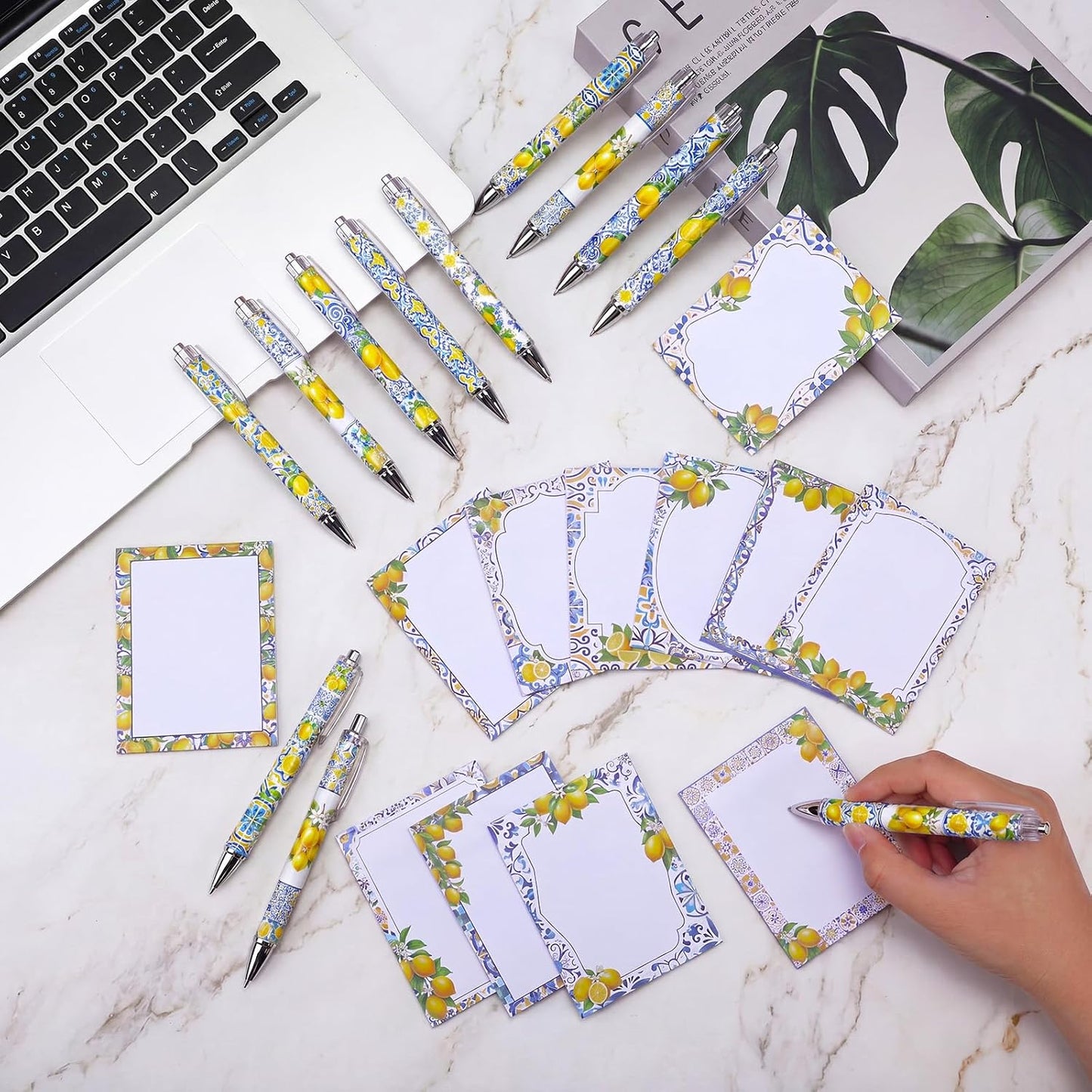 24 Pcs Capri Lemon Sticky Notes with Pens Amalfi Coast Party Gifts for Women Mediterranean Lemon Self Adhesive Notepads Black Ink Ballpoint Pen for Summer Bridal Shower Wedding Party Favors