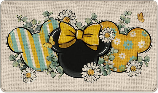 Spring Summer Decorative Front Door Mat, Daisy Flower Eucalyptus Leaves Doormat Indoor Outdoor Non-Slip Floor Entryway Rug, Teal Yellow Stripes Home Kitchen Decoration 17x29 Inch