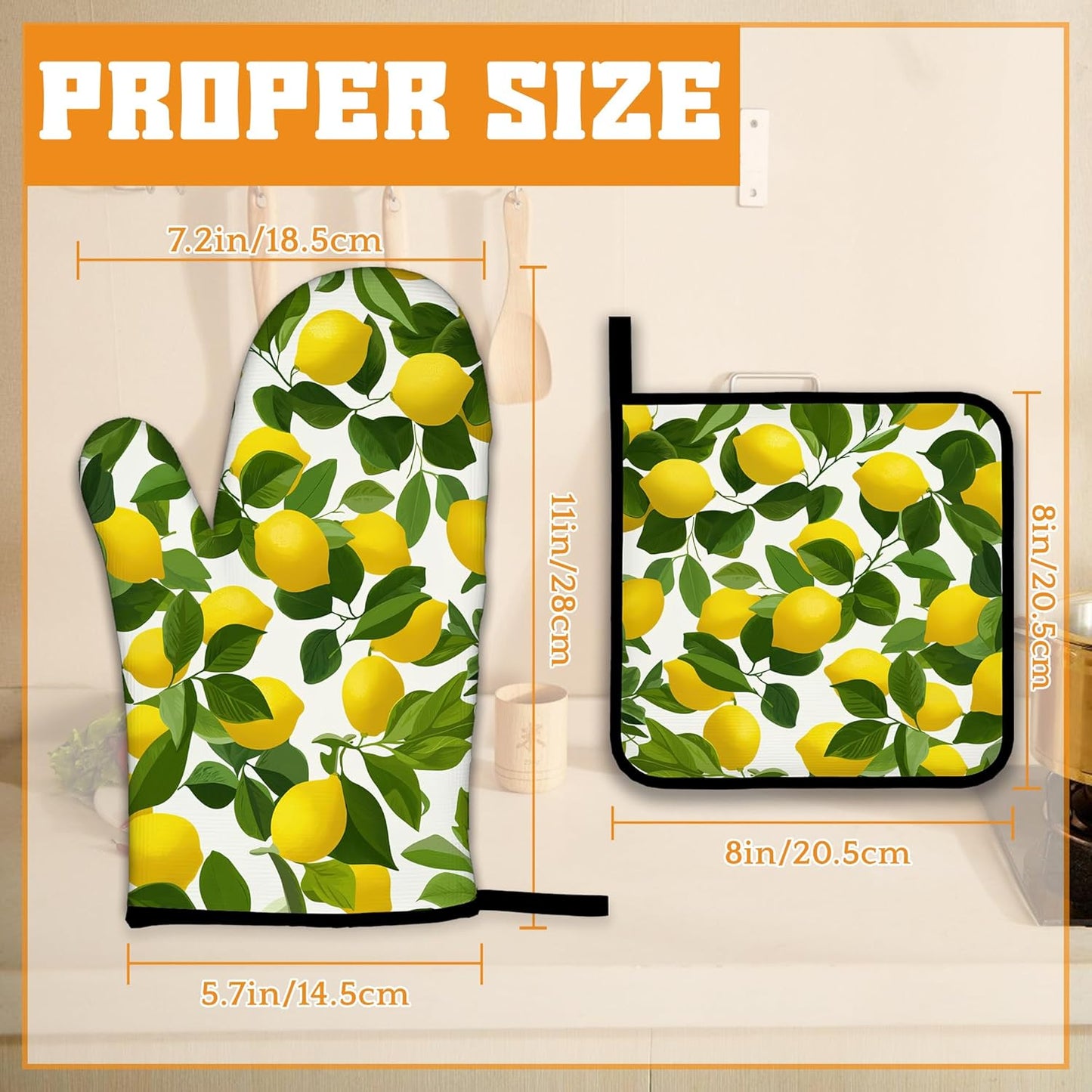 Lemon Oven Mitts and Pot Holders Set,Kitchen Decor Heat Resistant Non Slip Hot Pads and Oven Mitt for Chef Cooking Baking BBQ Mom Girl Gifts(4 Piece Set)