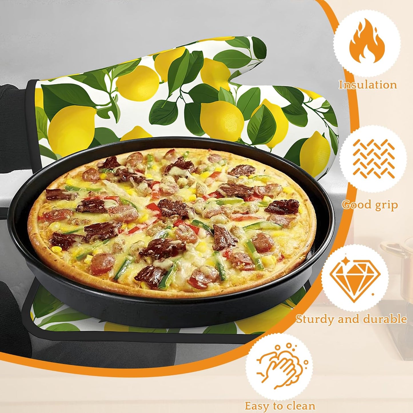Lemon Oven Mitts and Pot Holders Set,Kitchen Decor Heat Resistant Non Slip Hot Pads and Oven Mitt for Chef Cooking Baking BBQ Mom Girl Gifts(4 Piece Set)