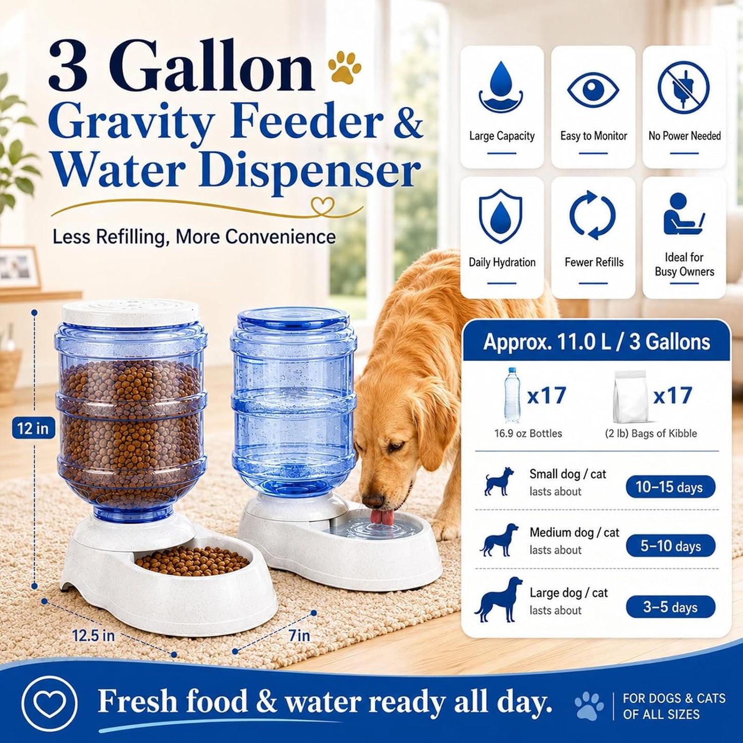 Automatic Dog Feeder and Water Dispenser Set for Large Dogs, 3 Gallon Gravity Dog Cat Food and Water Dispenser Set with Pet Food Bowl,Large Pet Food Water Dispenser Station