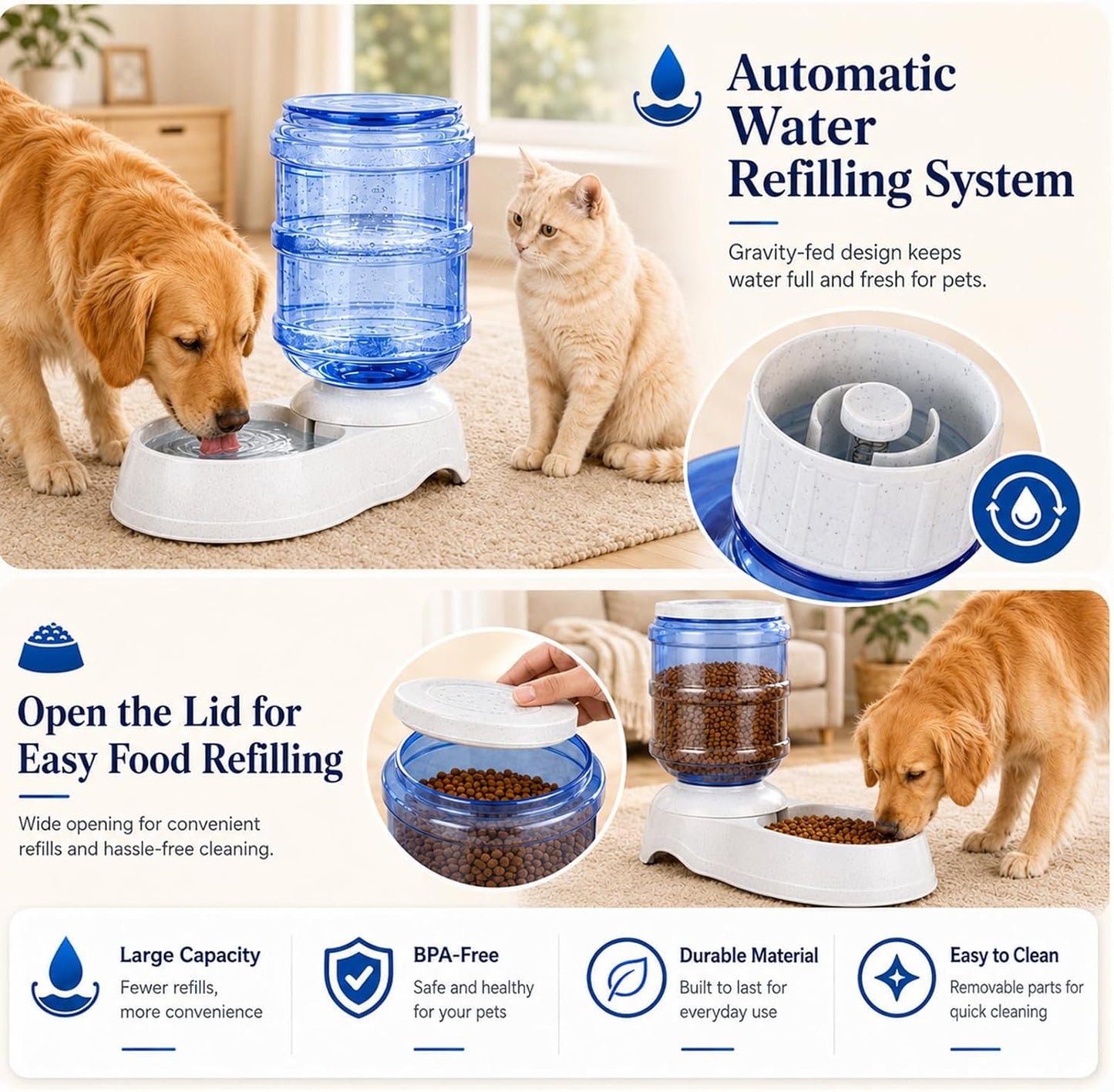Automatic Dog Feeder and Water Dispenser Set for Large Dogs, 3 Gallon Gravity Dog Cat Food and Water Dispenser Set with Pet Food Bowl,Large Pet Food Water Dispenser Station