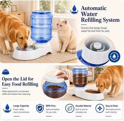 Automatic Dog Feeder and Water Dispenser Set for Large Dogs, 3 Gallon Gravity Dog Cat Food and Water Dispenser Set with Pet Food Bowl,Large Pet Food Water Dispenser Station