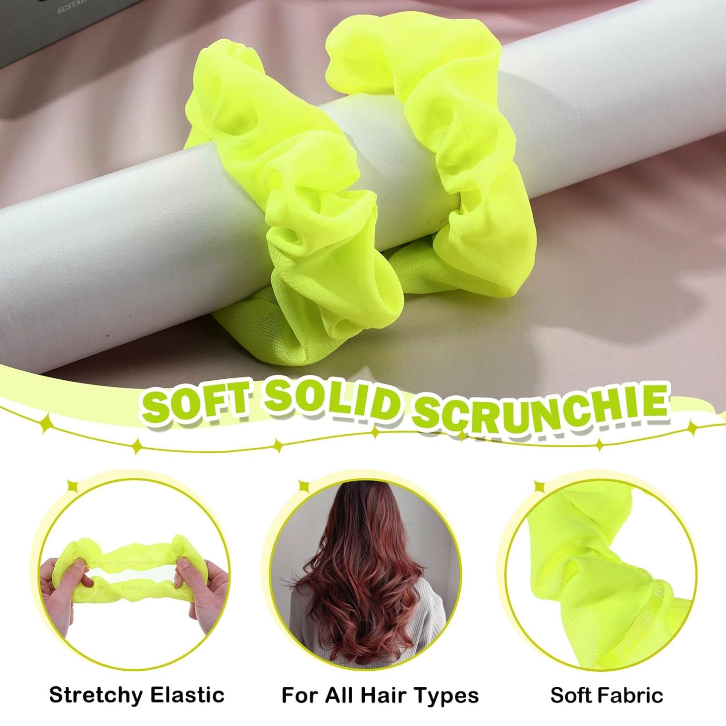 2Pcs 80s Neon Scrunchies Soft Hair ScrunchiesNeon Hair Accessories Elastic Hair Bands Hair Ties Ponytail Holders Yellow Scrunchy Hair Bands for Women 80s Party Outfits(Yellow)