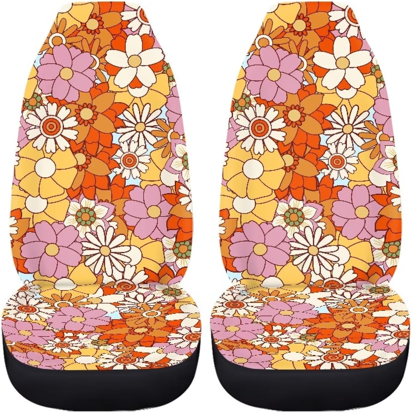 Hippie Flower Yellow Car Seat Covers for Front Seats 2 Pack Auto Cushion Protector Universal Fit Most Truck SUV Van Sedan Car Interior Accessories for Women Girl