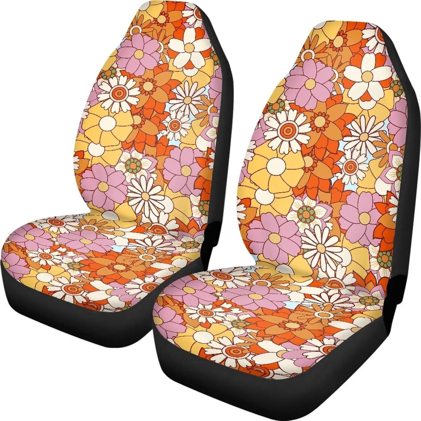 Hippie Flower Yellow Car Seat Covers for Front Seats 2 Pack Auto Cushion Protector Universal Fit Most Truck SUV Van Sedan Car Interior Accessories for Women Girl