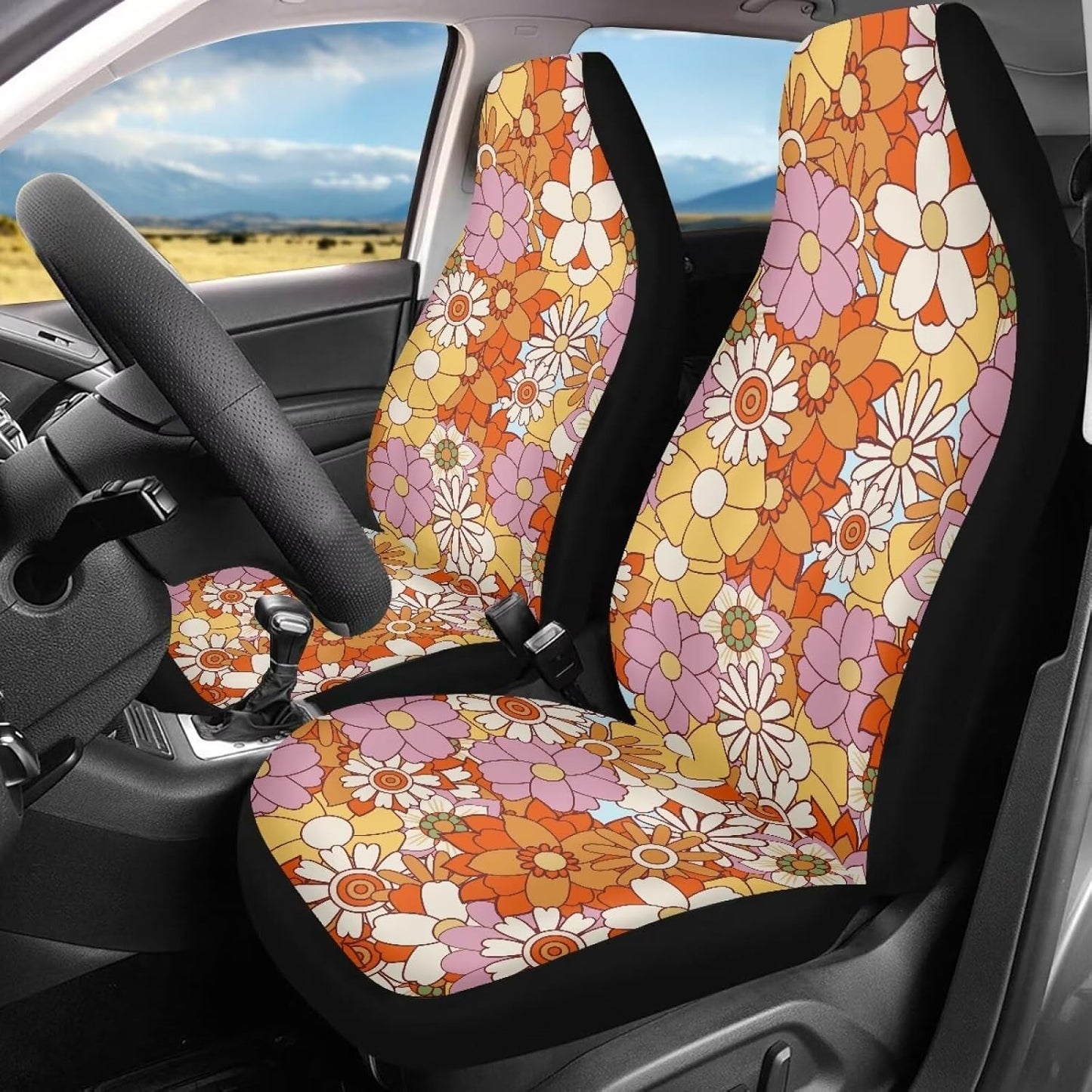 Hippie Flower Yellow Car Seat Covers for Front Seats 2 Pack Auto Cushion Protector Universal Fit Most Truck SUV Van Sedan Car Interior Accessories for Women Girl