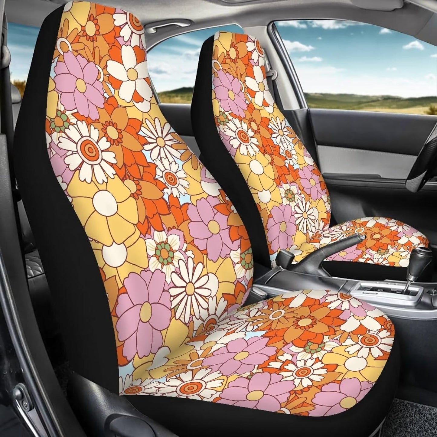 Hippie Flower Yellow Car Seat Covers for Front Seats 2 Pack Auto Cushion Protector Universal Fit Most Truck SUV Van Sedan Car Interior Accessories for Women Girl