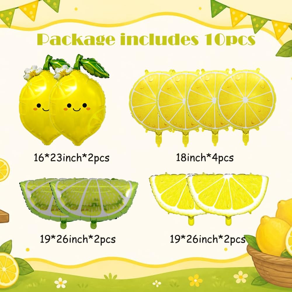 Lemon Foil Balloons 10Pcs Lemonade Balloons Set for Summer Party Decoration | Yellow Citrus Fruit Decoration for Summer Theme Birthday Party She Found Her Main Squeeze Bridal Shower Baby Shower Decor