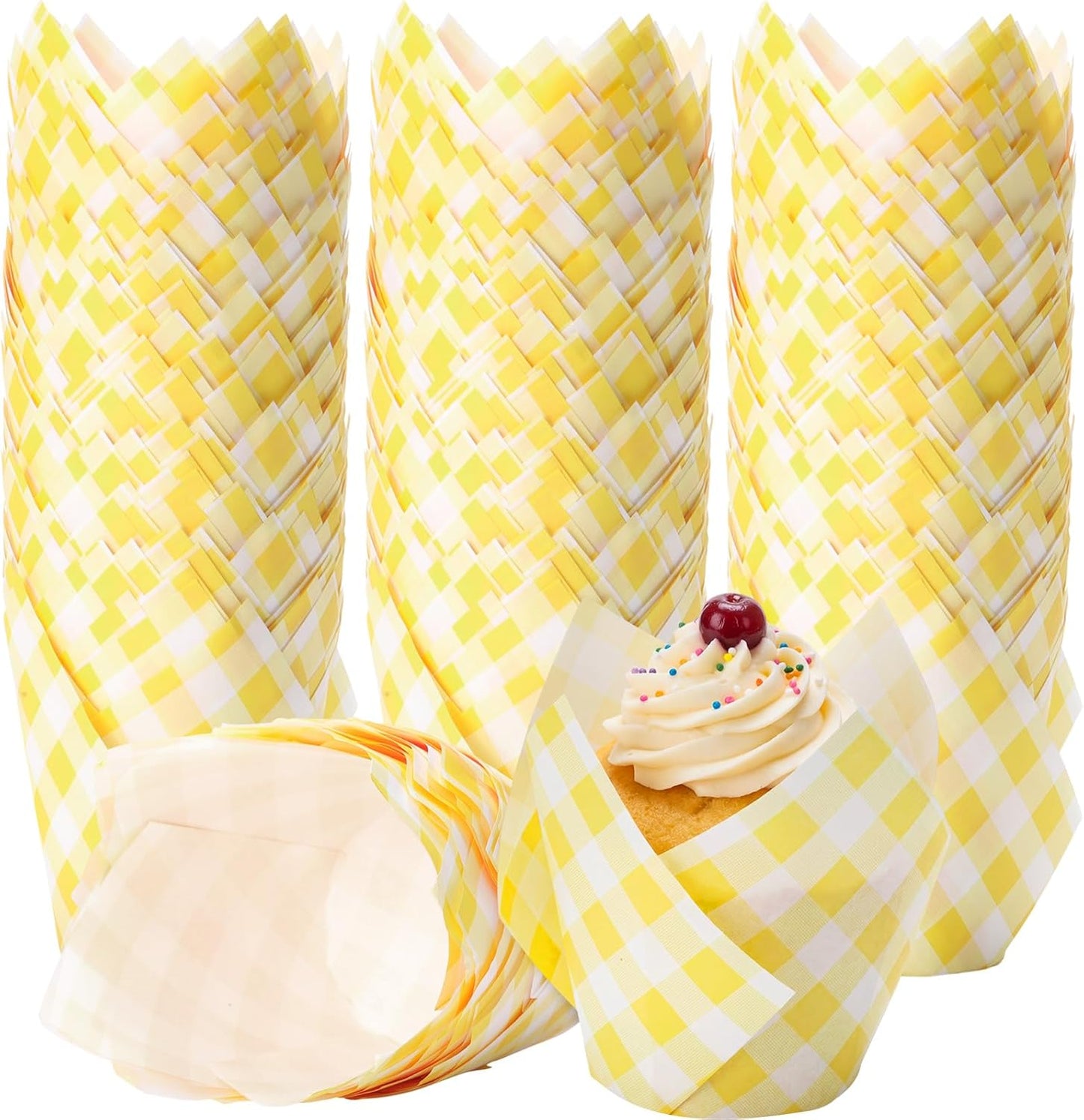 200 Pcs Yellow Gingham Tulip Cupcake Liners for Baking Plaid Paper Muffin Baking Cups Checkered Tulip Muffin Liners Wrappers for Bridal Baby Shower Wedding Birthday Party Decor