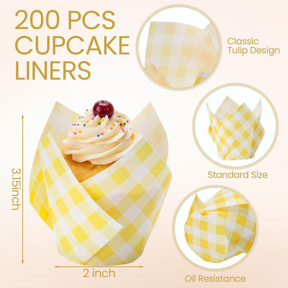 200 Pcs Yellow Gingham Tulip Cupcake Liners for Baking Plaid Paper Muffin Baking Cups Checkered Tulip Muffin Liners Wrappers for Bridal Baby Shower Wedding Birthday Party Decor