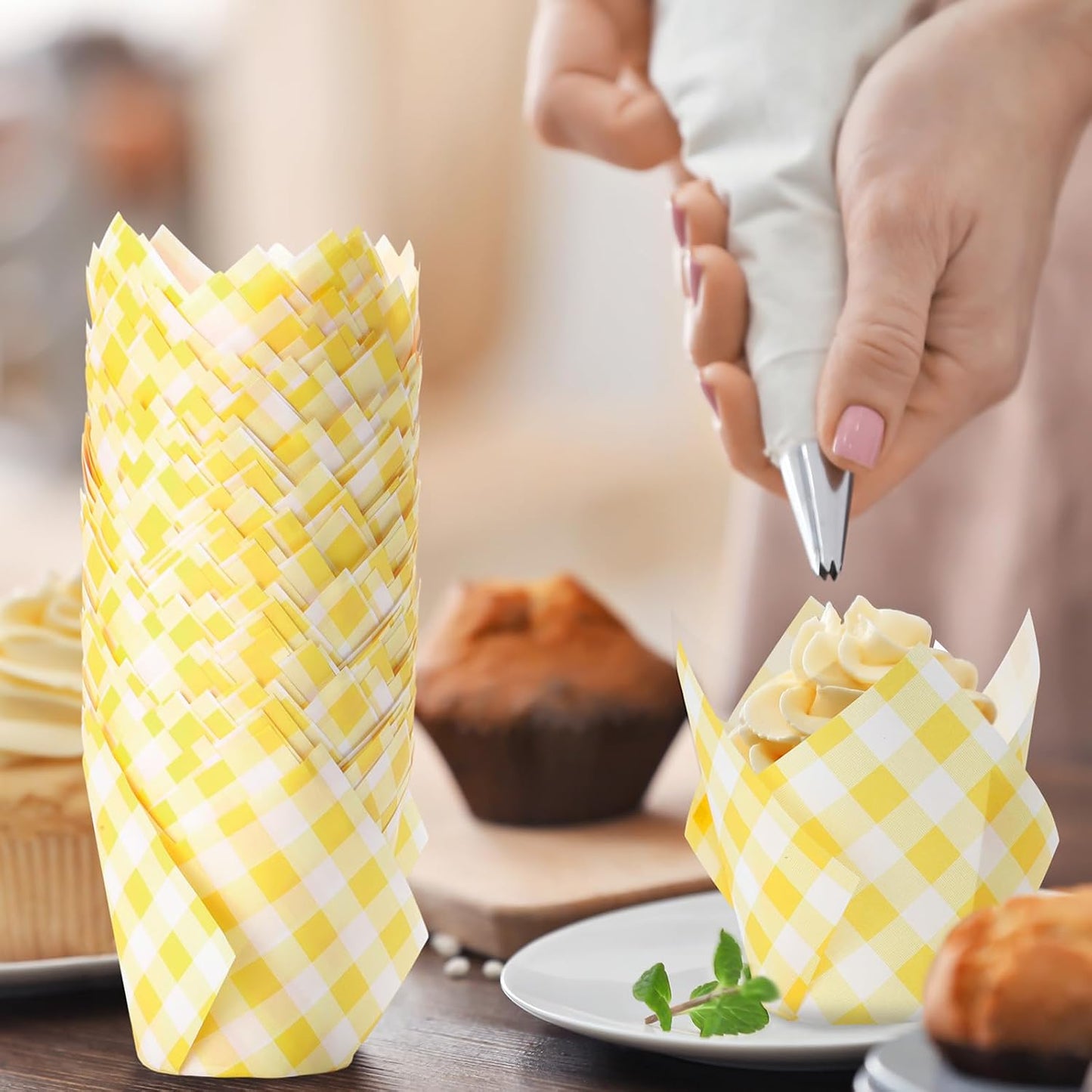 200 Pcs Yellow Gingham Tulip Cupcake Liners for Baking Plaid Paper Muffin Baking Cups Checkered Tulip Muffin Liners Wrappers for Bridal Baby Shower Wedding Birthday Party Decor