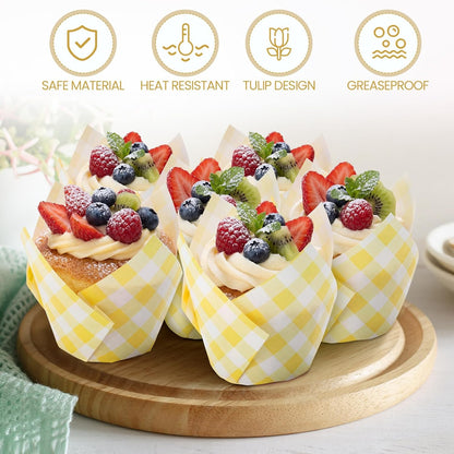 200 Pcs Yellow Gingham Tulip Cupcake Liners for Baking Plaid Paper Muffin Baking Cups Checkered Tulip Muffin Liners Wrappers for Bridal Baby Shower Wedding Birthday Party Decor
