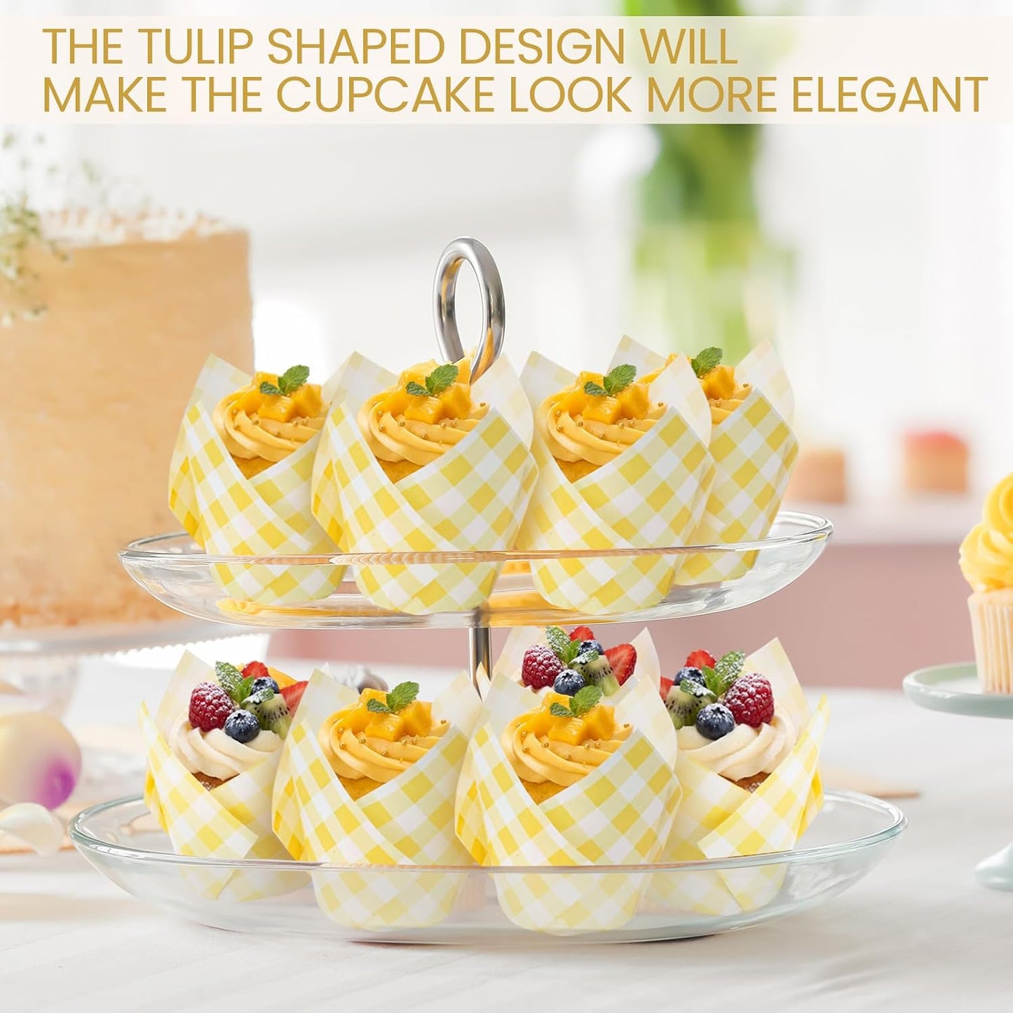 200 Pcs Yellow Gingham Tulip Cupcake Liners for Baking Plaid Paper Muffin Baking Cups Checkered Tulip Muffin Liners Wrappers for Bridal Baby Shower Wedding Birthday Party Decor
