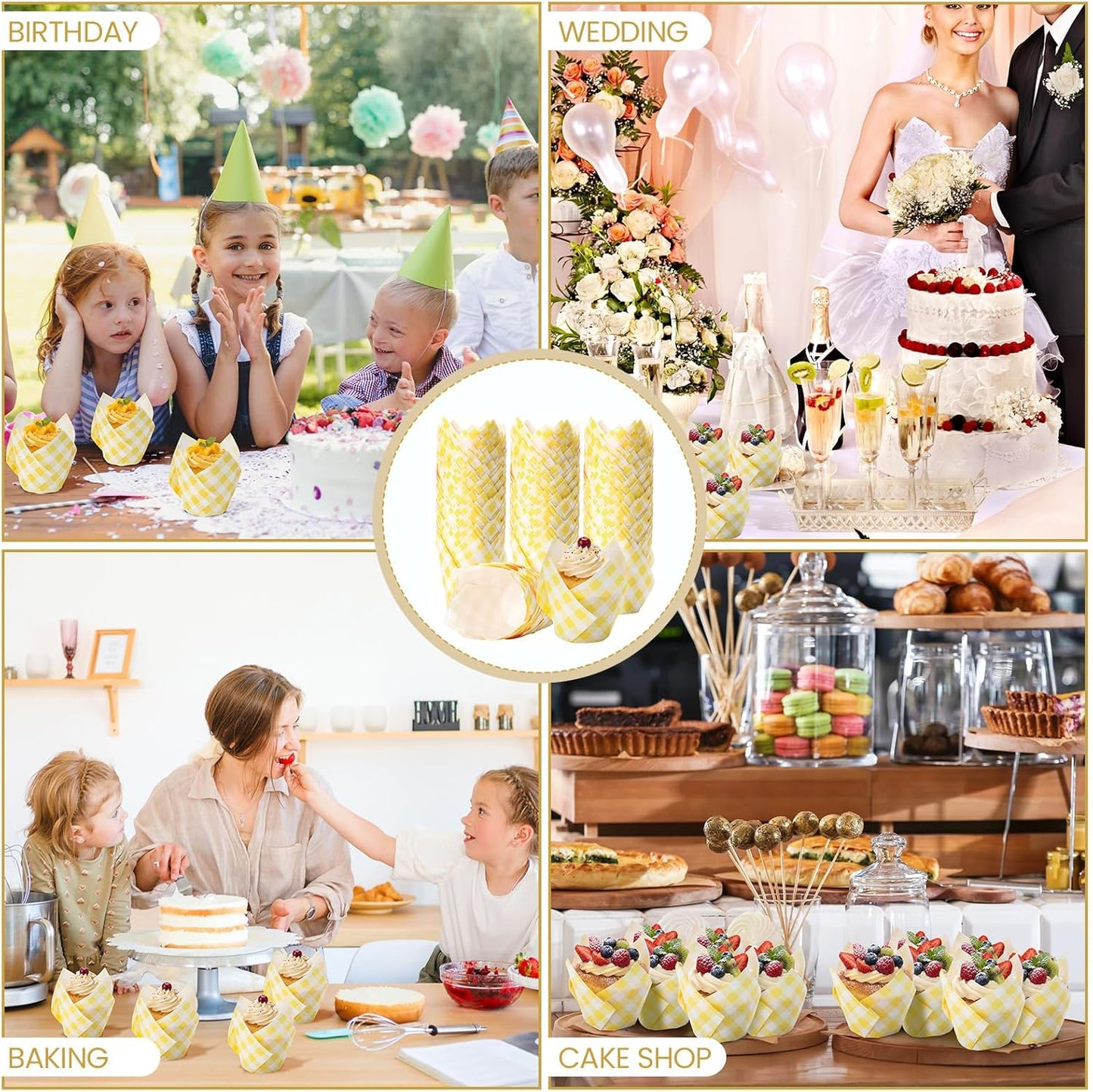 200 Pcs Yellow Gingham Tulip Cupcake Liners for Baking Plaid Paper Muffin Baking Cups Checkered Tulip Muffin Liners Wrappers for Bridal Baby Shower Wedding Birthday Party Decor