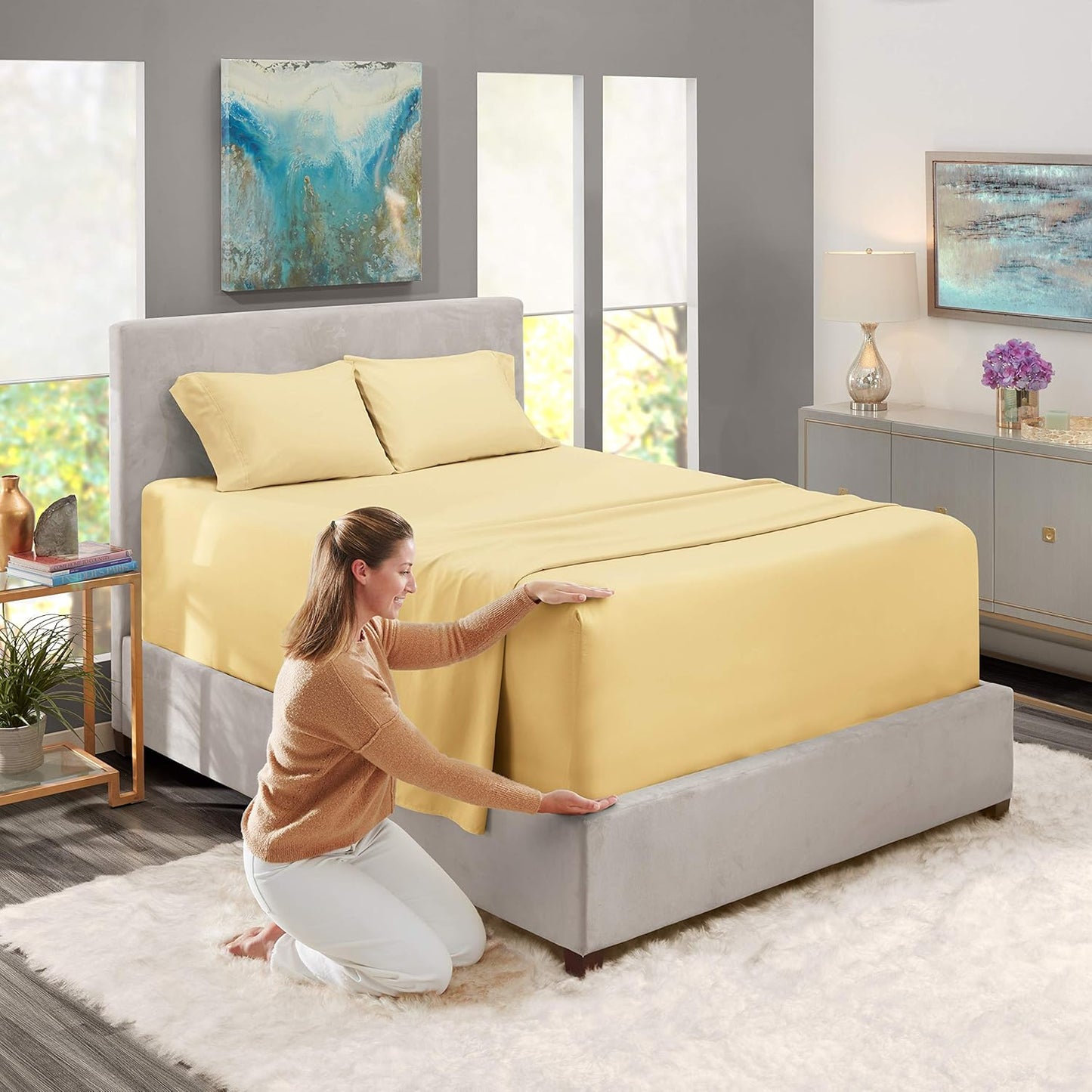 Twin XL Size Sheet Set, 4 Piece Extra Deep Pocket (18-24 inches), Microfiber, Hotel Luxury, Soft, Breathable, Wrinkle-Free, Easy to Care, Vanilla Yellow