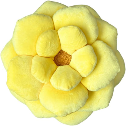 . - Camellia Flower Pillow - Lemon Yellow - 17 in | Layered soft petals and a fluffy boucle center create a dimensional yellow flower.