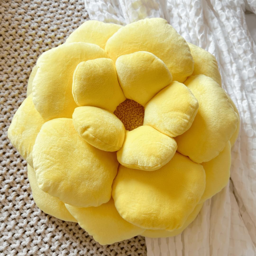 . - Camellia Flower Pillow - Lemon Yellow - 17 in | Layered soft petals and a fluffy boucle center create a dimensional yellow flower.