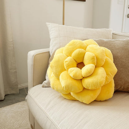 . - Camellia Flower Pillow - Lemon Yellow - 17 in | Layered soft petals and a fluffy boucle center create a dimensional yellow flower.