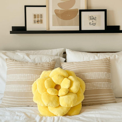 . - Camellia Flower Pillow - Lemon Yellow - 17 in | Layered soft petals and a fluffy boucle center create a dimensional yellow flower.