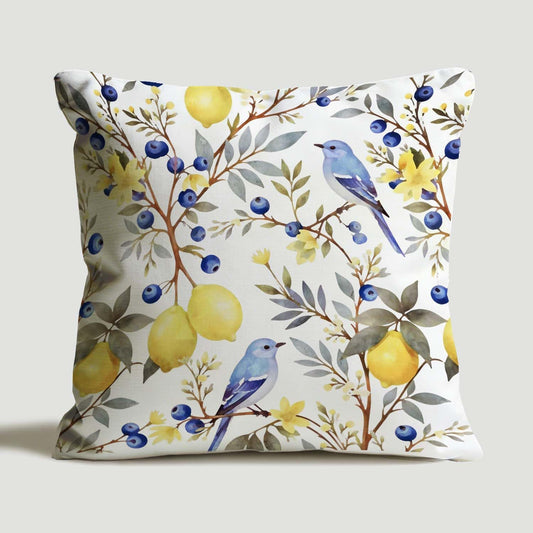 Watercolor Blue Birds Floral Throw Pillow Covers18x18,Outdoor Decoration Summer Yellow Lemon Pillowcase，Bird Lover Gifts Farmhouse Decorative Cushion Case for Couch Sofa.