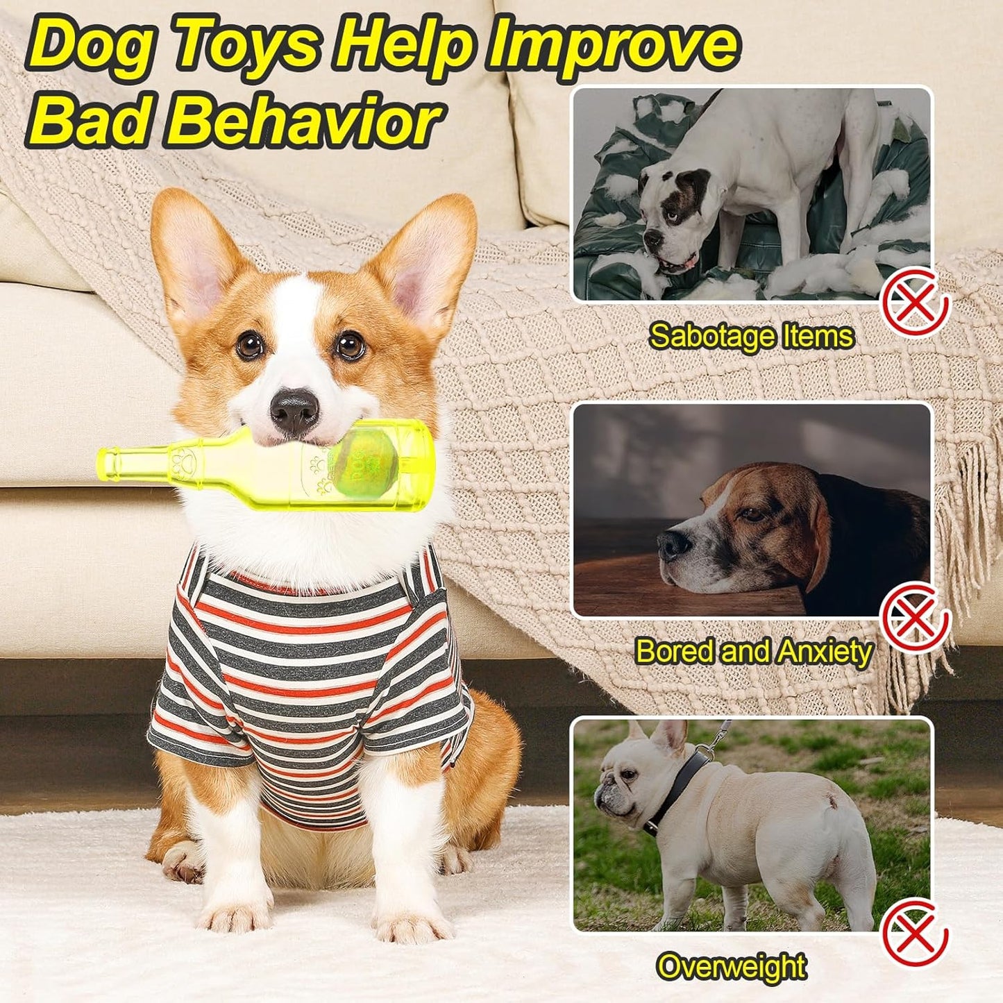 Water Bottle Dog Toy for Aggressive Chewers, Cute Squeaky Indestructible Water Bottle Dogs Chew Toys for Medium/Small Dogs Interactive Dog Toys to Exercise and Accompany (Yellow-Large)