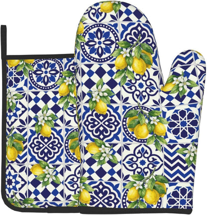 Lemon Oven Mitts and Pot Holders Sets Blue White Mediterranean Oven Mitts Heat Resistant Yellow Fruit Floral Boho Kitchen Gloves Hot Pads Two Piece Set for Summer Cooking Baking Grilling BBQ