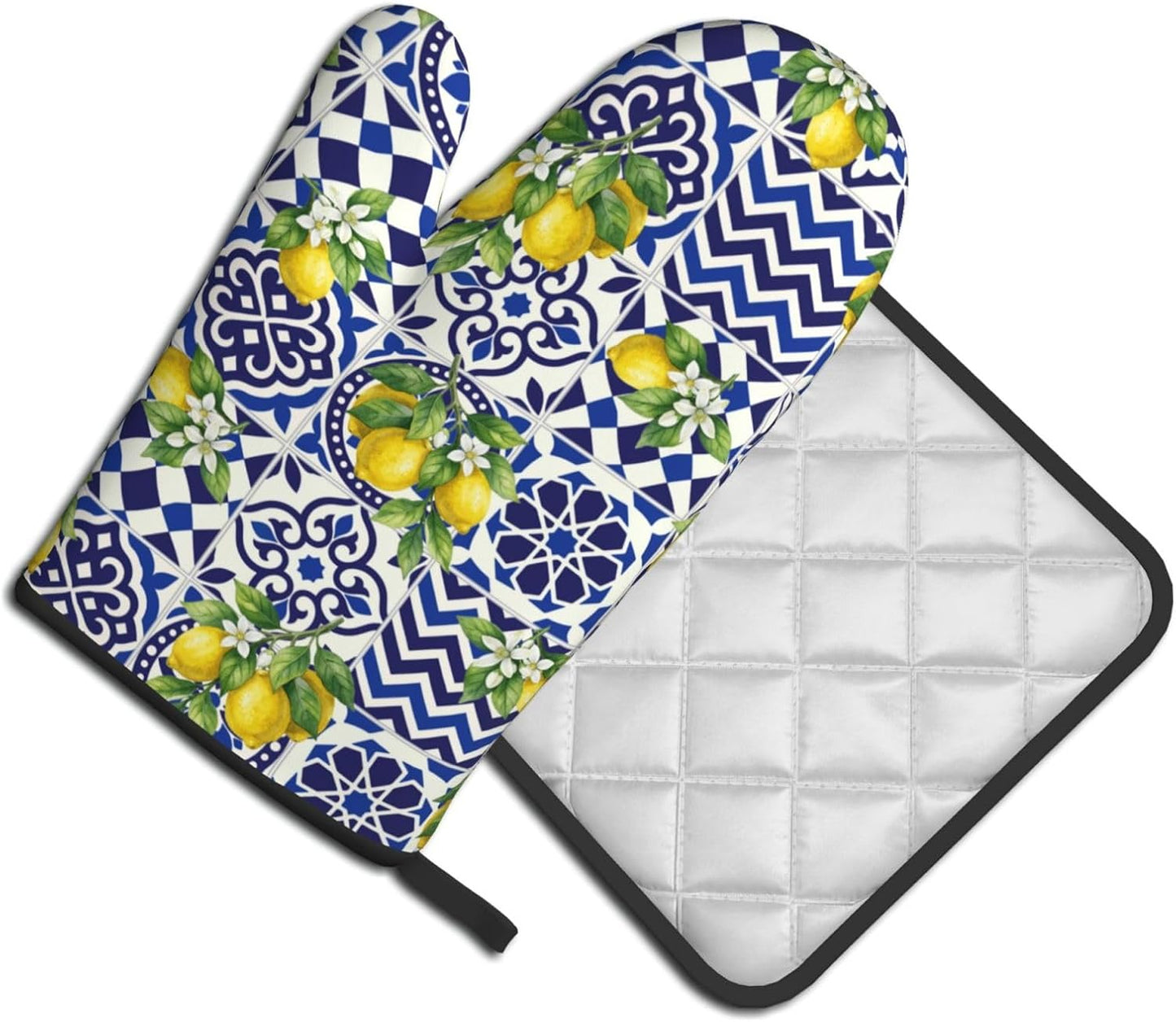 Lemon Oven Mitts and Pot Holders Sets Blue White Mediterranean Oven Mitts Heat Resistant Yellow Fruit Floral Boho Kitchen Gloves Hot Pads Two Piece Set for Summer Cooking Baking Grilling BBQ