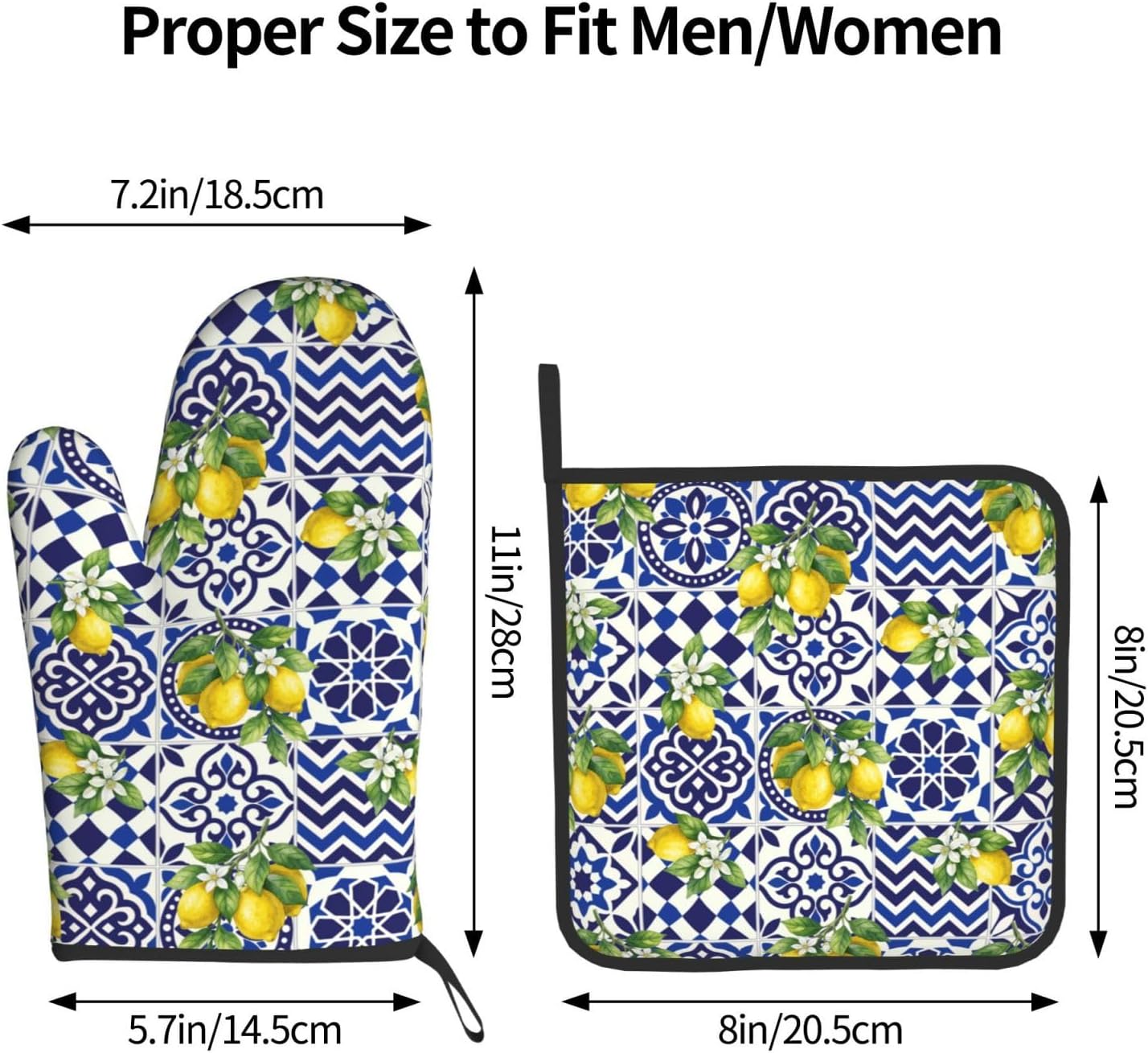 Lemon Oven Mitts and Pot Holders Sets Blue White Mediterranean Oven Mitts Heat Resistant Yellow Fruit Floral Boho Kitchen Gloves Hot Pads Two Piece Set for Summer Cooking Baking Grilling BBQ