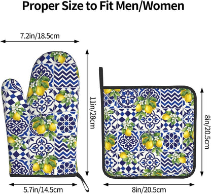 Lemon Oven Mitts and Pot Holders Sets Blue White Mediterranean Oven Mitts Heat Resistant Yellow Fruit Floral Boho Kitchen Gloves Hot Pads Two Piece Set for Summer Cooking Baking Grilling BBQ